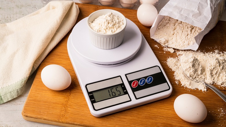 Bowl of flour measured on digital scale