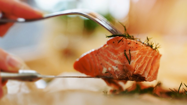 Piece of cooked salmon held with knife and fork