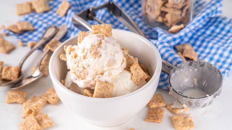 A bowl of vanilla cream is topped with Cinnamon Toast Crunch cereal.