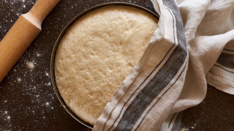 resting bread dough in a circular pan