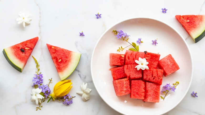 Cubed watermelon with flowers