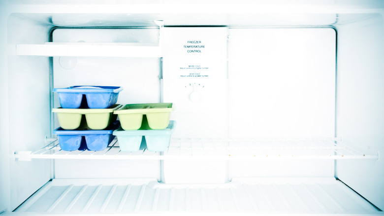 Selection of green and blue ice cube tray stacked in the freezer