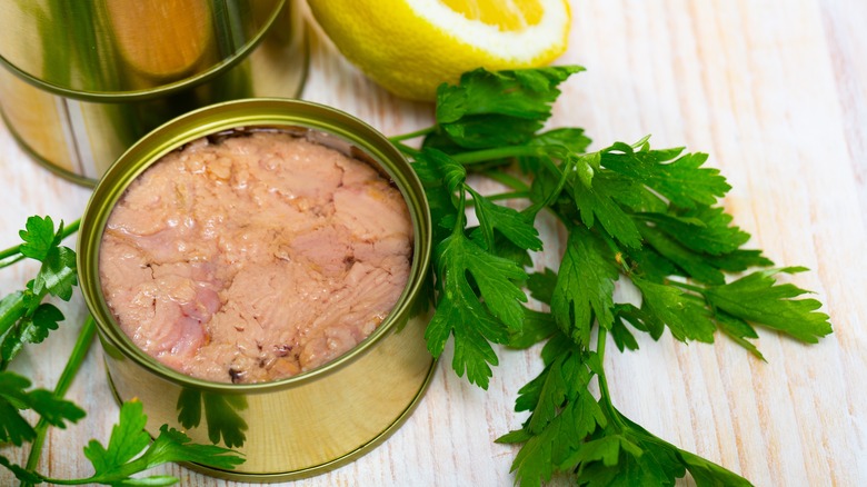 Open can of tuna in oil with lemon and fresh herbs