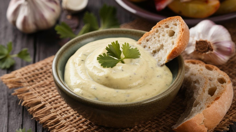 Bowl of garlic herb mayo with toasted bread