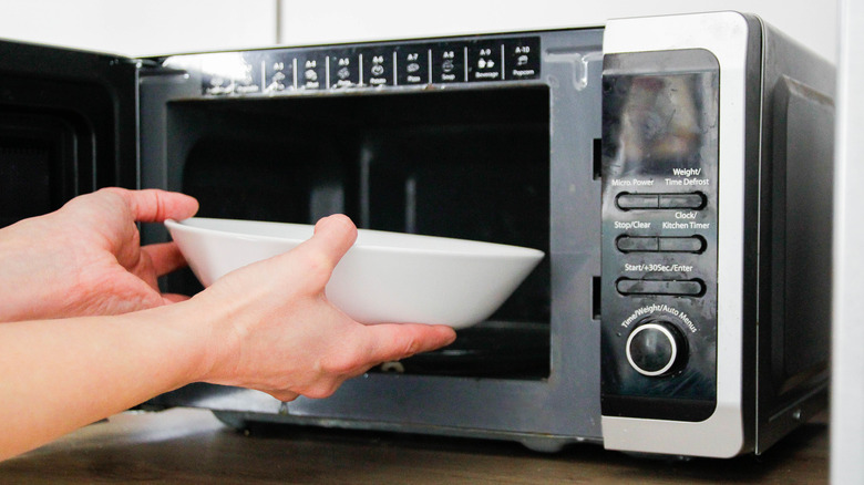 A person places a white ceramic bowl into an opened silver microwave