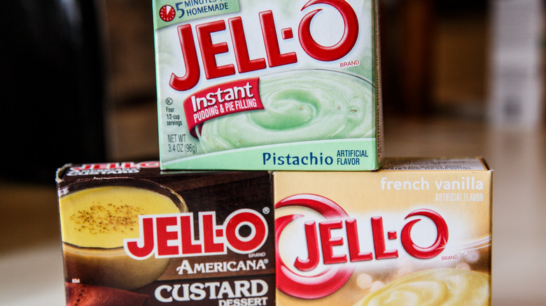 Three Jell-O pudding mix boxes