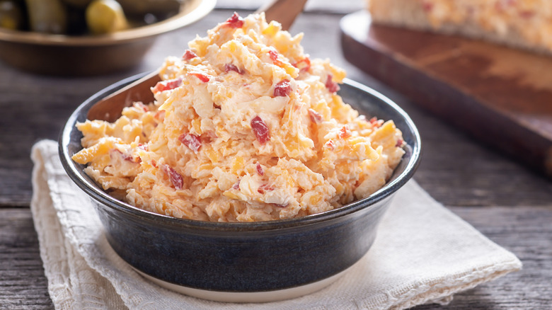 Bowl of homemade pimento cheese on a table