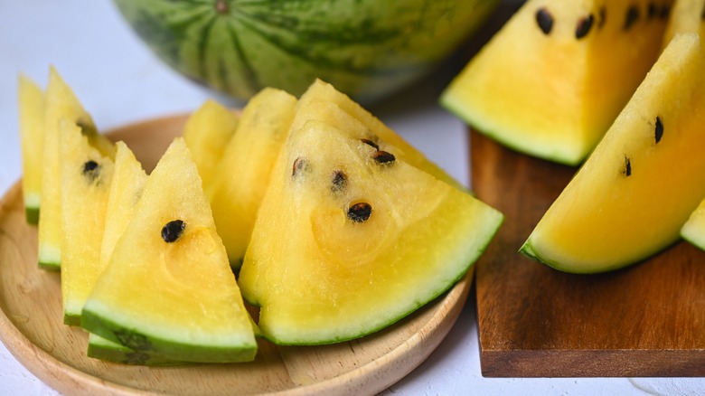 sliced yellow seeded watermelon triangles