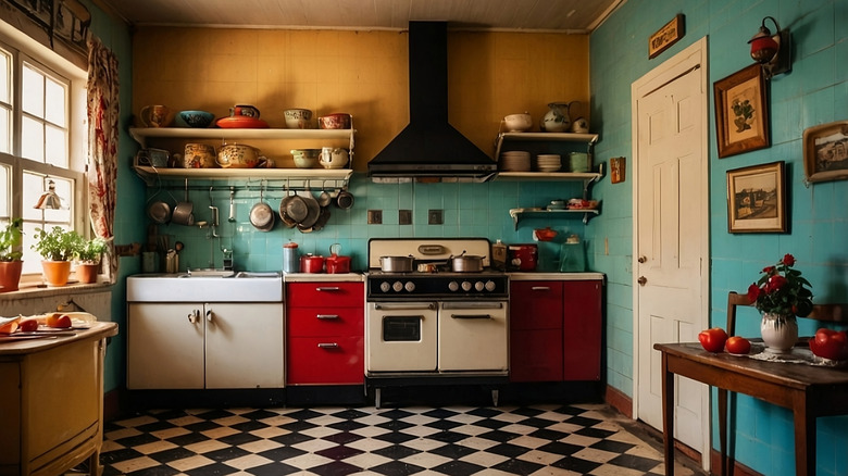 A vintage kitchen with an old-fashioned stove, sink, and dining set