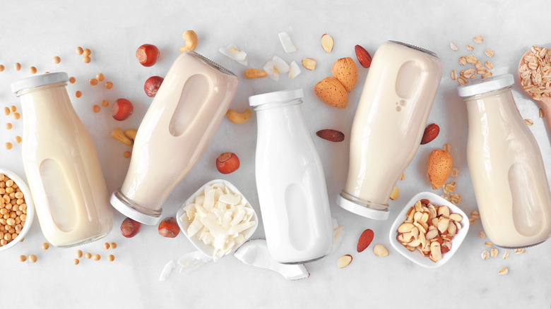 non-dairy milk alternatives in bottles next to nuts