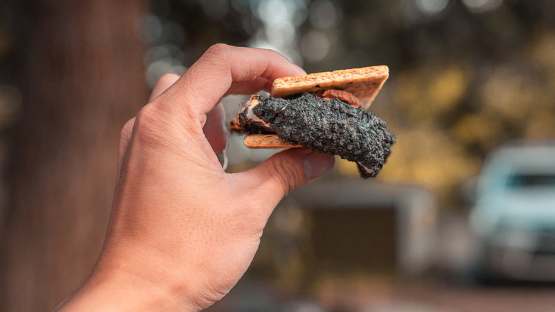 Hand holding a burnt marshmallow graham cracker s'more