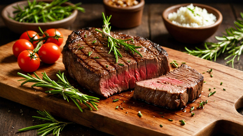 A steak sits on a wooden cutting board with herbs, cherry tomatoes, and a piece of steak sliced away from the whole