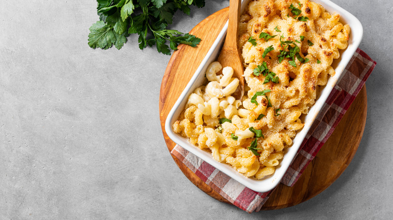 A baking dish of baked mac and cheese