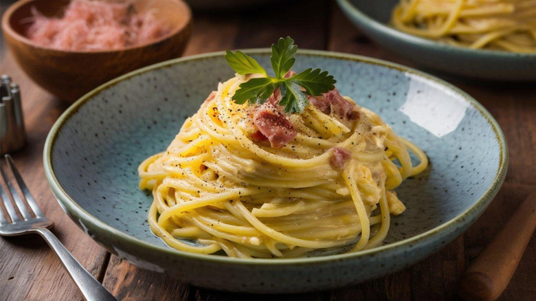 Classic Italian spaghetti with a rich, creamy carbonara sauce, made with eggs, cheese, pancetta, and black pepper.