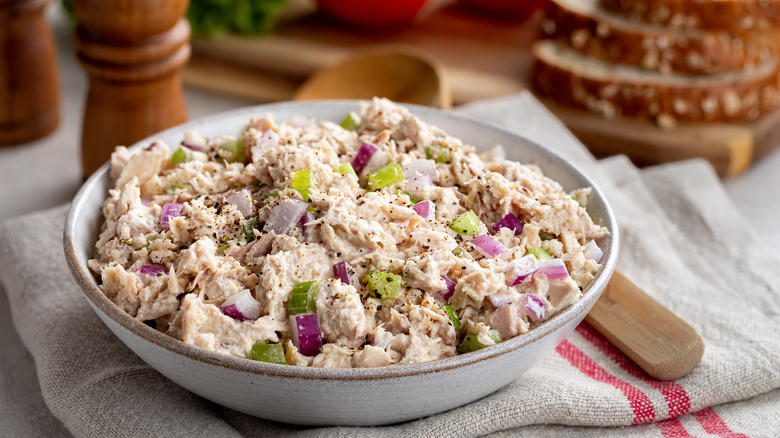 Bowl of tuna salad with red onion