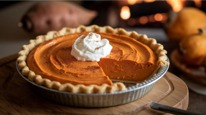 sweet potato pie on table