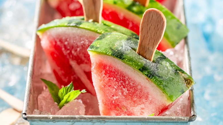 Frozen watermelon on popsicle sticks