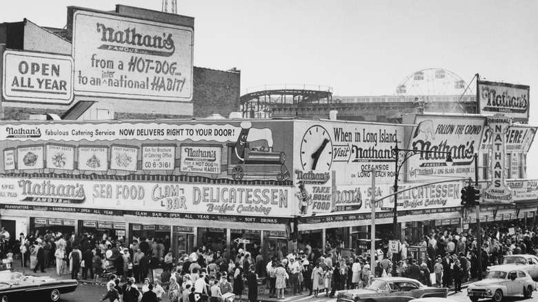 Black and white photograph of Nathan's Famous hot dogs 