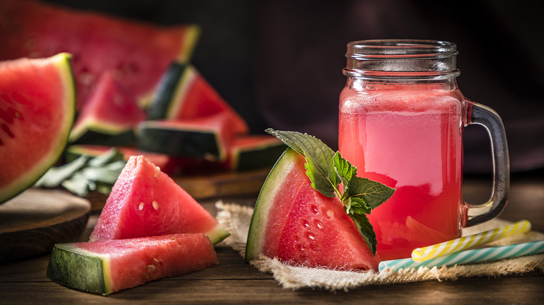 Cut watermelon and watermelon juice