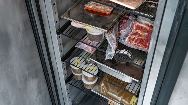 A freezer in a restaurant kitchen