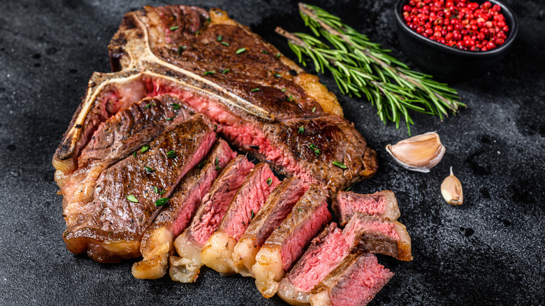 Close up of Bistecca Fiorentina sliced off the bone