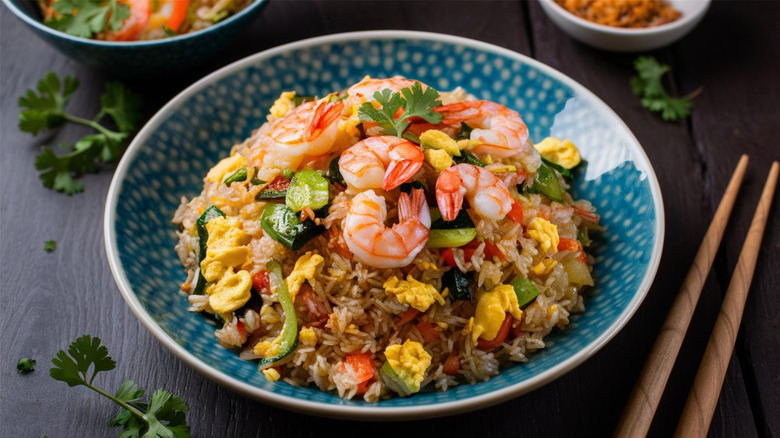 Vegetable and shrimp fried rice in a blue bowl