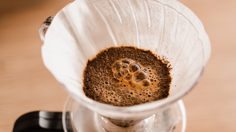 Blooming coffee grounds in pour over filter