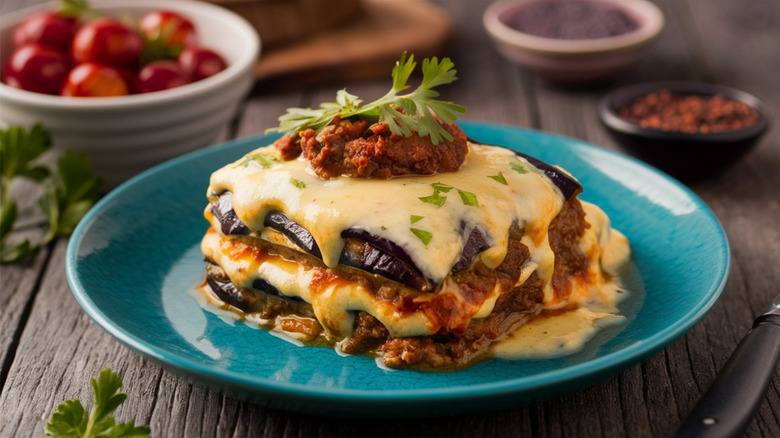 Greek moussaka sits on a plate and is topped with fresh parsley