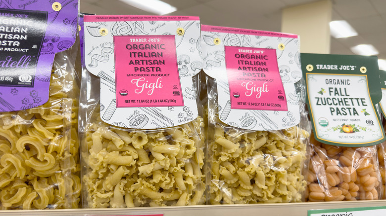 Different varieties of Trader Joe's pasta shapes on store shelves