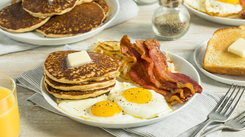 Bacon, eggs, and pancakes for breakfast