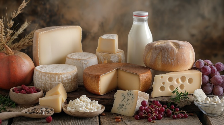 Various Cheeses in a rustic display