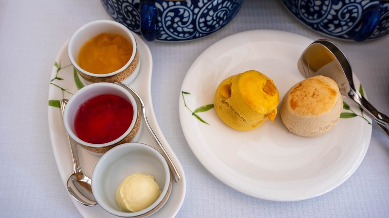 Classic plain scones with jam and cream