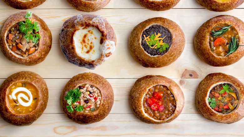 Various filled bread bowls