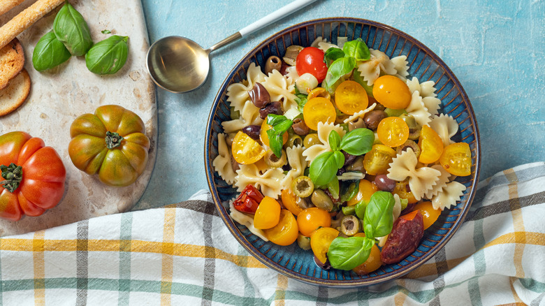 pasta salad in a bowl on a counter