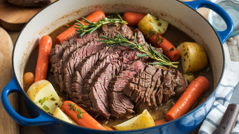 Pot roast in a blue pot on a wooden table and blue checkered napkin. Close up of roast, carrots, potatoes, and sauce with garnish.