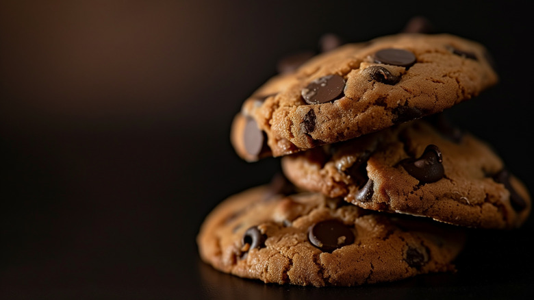 stack of three chocolate chip cookies