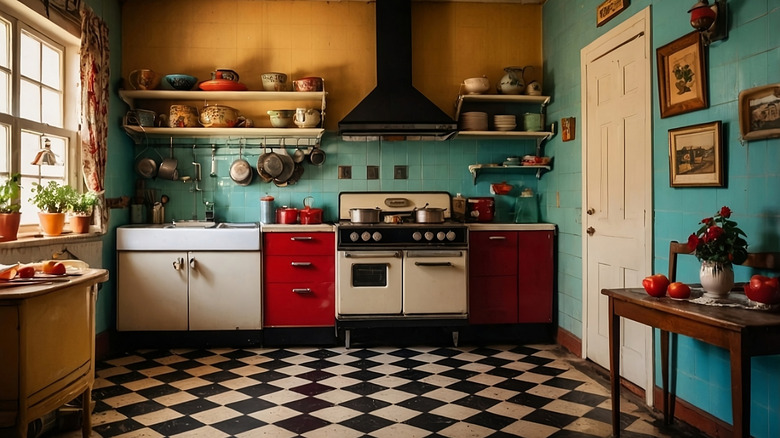 Colorful kitchen with open shelving