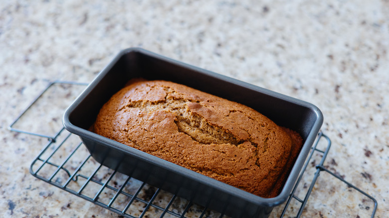 A close-up of pumpkin bread loaf fresh out of the oven on cooling rack