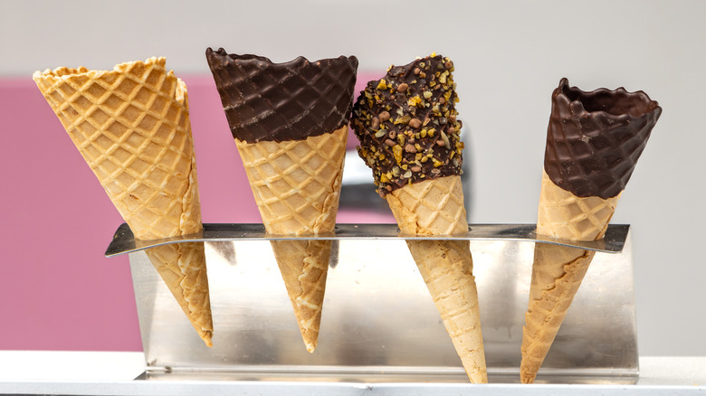 Waffle cones dipped in chocolate