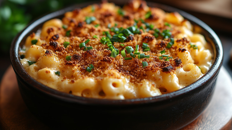 A creamy bowl of vegan mac and cheese topped with breadcrumbs and chives