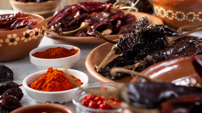 assortment of dried chiles and chile powders