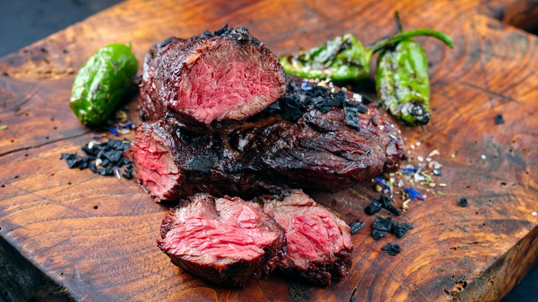 Onglet steak on a wooden board