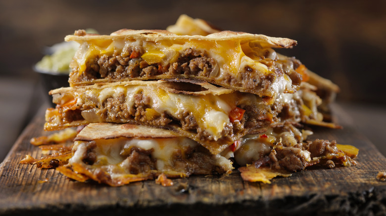 ground beef and cheese quesadilla side view