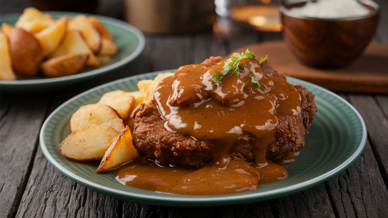 Country-fried steak with potatoes and brown gravy