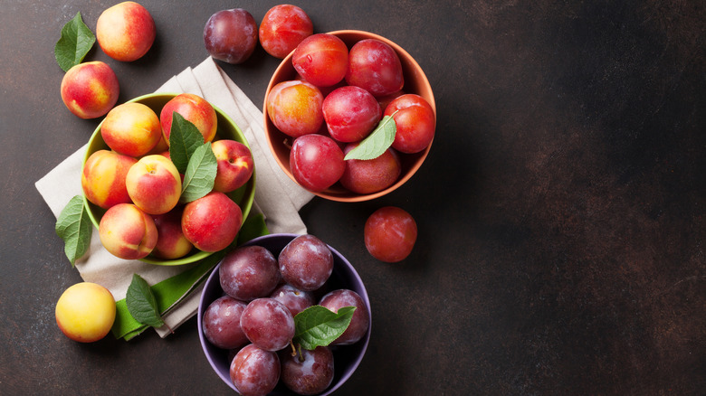 Peaches, plums, and nectarines in bowls