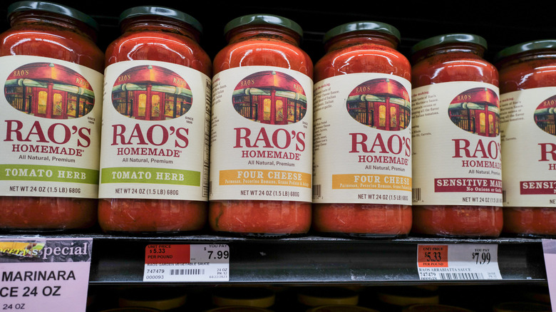 Jars of Rao's pasta sauce on grocery store shelf