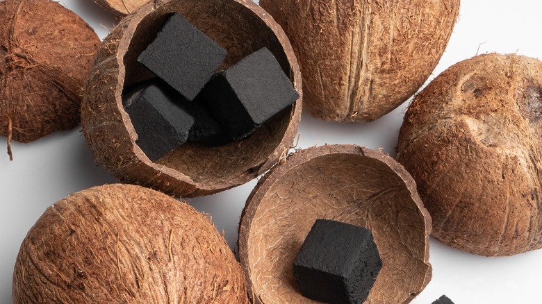 Coconut charcoal in coconut shells