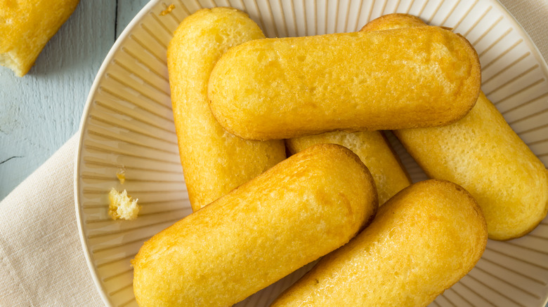 Plate with stacked Hostess Twinkies snack cakes