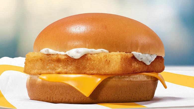 Close up of McDonald's Filet-O-Fish fast food burger with cheese and tartar sause