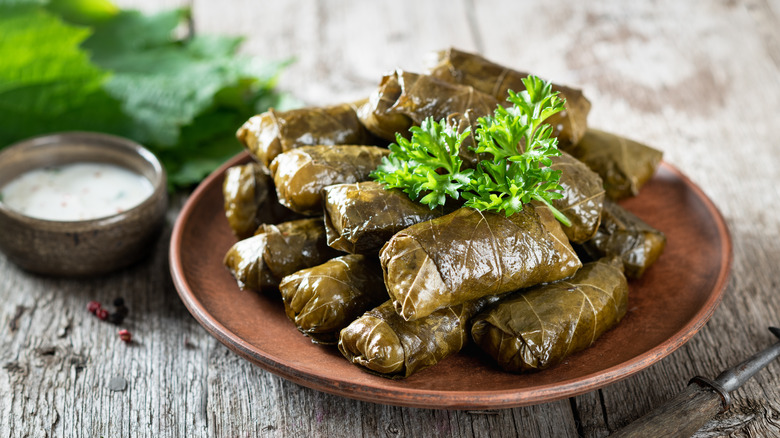 Plate of dolmas with herb garnish next to bowl of white sauce